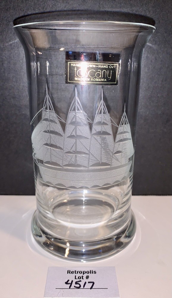 Toscany Etched Crystal Clipper Schooner Ship Highball Glass Vintage Nautical