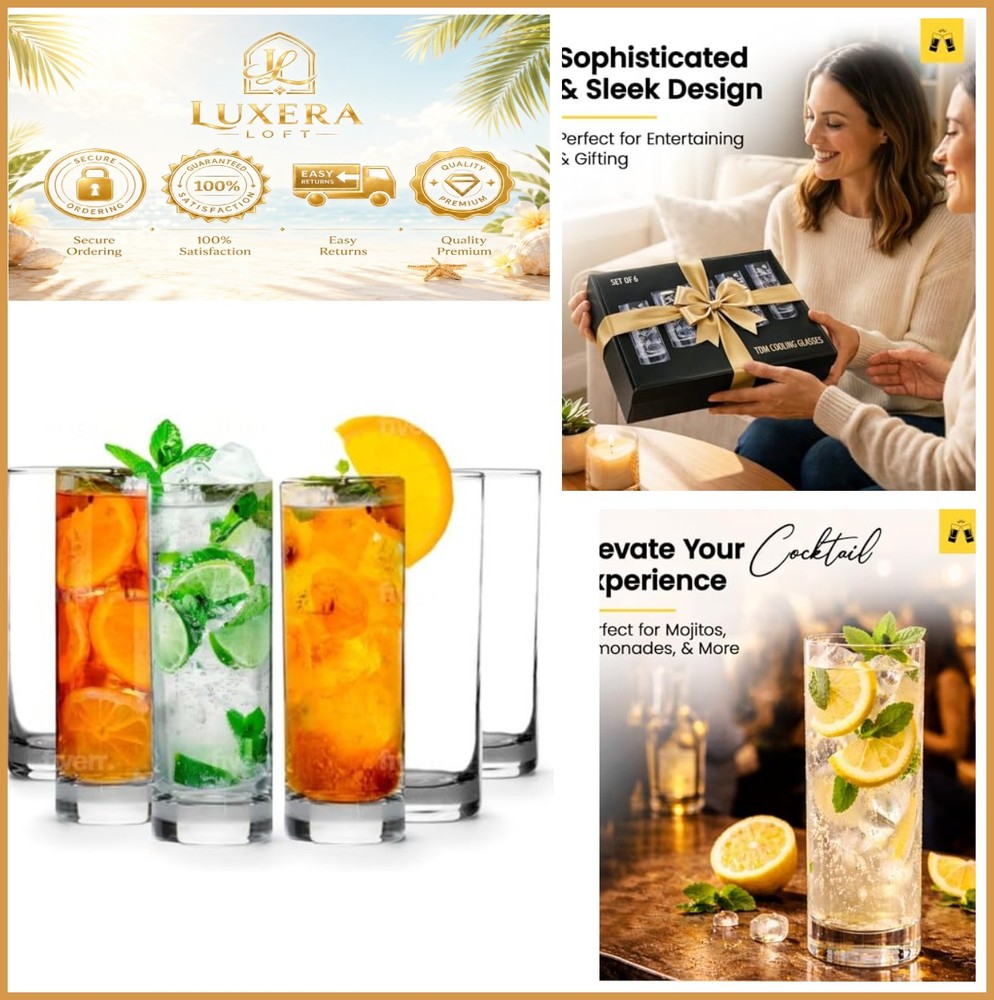 NEW 12oz Highball Glasses Set of 6 Lead-Free Crystal Cocktail Glassware