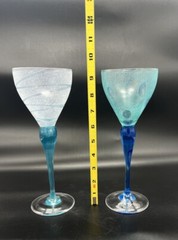 Pair Vintage Art Glass Blue Cocktail Wine Goblet Norway 1992 Signed Hadeland K.U