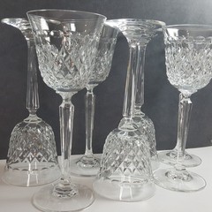 Vintage Cut Crystal Water Goblets Set of 6 Diamond Pattern Faceted Stem Elegant