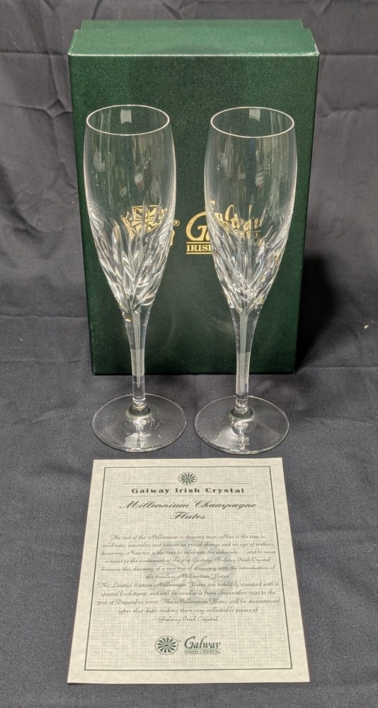 Galway Irish Crystal 2 Millennium Champagne Flutes Glasses With Box MINT