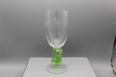 Vintage CZECH Glass 7″ Water Goblet Green Dolphin Fish Stem Cutting Waves Dots