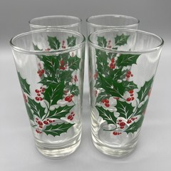 Indiana Glass Holly Berries Christmas Tumblers Holiday 12 oz Set of 4 Vintage