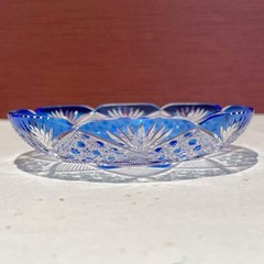 Unused Kamei Glass Hishiho Kiriko Indigo Plate 16cm Japan
