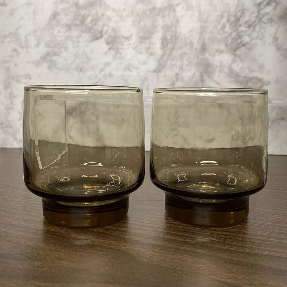 2 VTG Libbey Tawny Accent Smoke Brown 8 OZ Stackable Juice DrinkGlasses 1970s