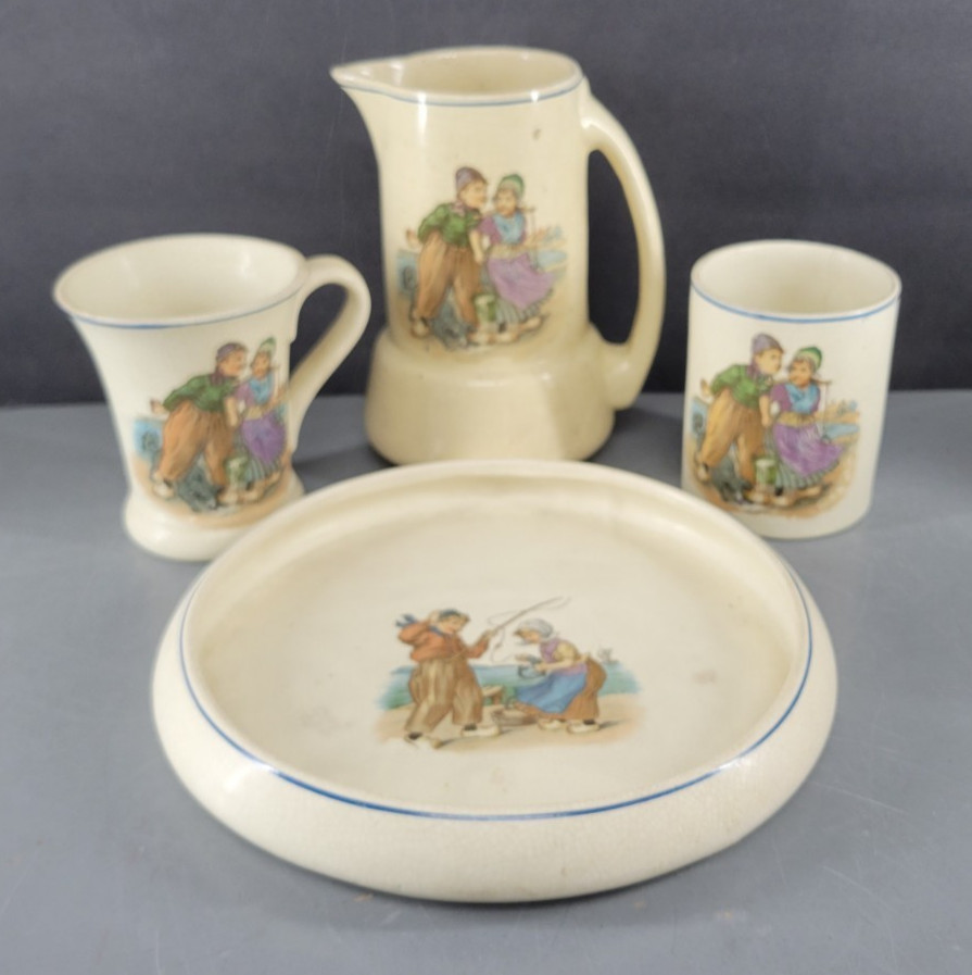 ROSEVILLE POTTERY HOLLAND DUTCH CREAMWARE PITCHER MUG TUMBLER SPITTOON SET LOT 4