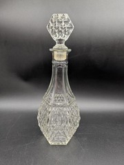 Vintage Indiana Glass Diamond Point Clear Decanter w/ Stopper and 6 Wine Glasses