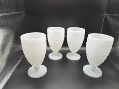 4 Vintage Anchor Hocking White Milk Glass Pointed Dot Dash Hobnail Goblet 5.5”