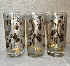 Lotus “Bon Appetite” Set Of 8 Glasses W/Carrier Fish Lobster MCM Vintage NOS
