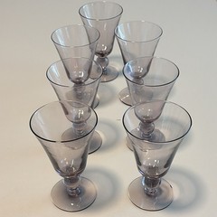 Unmarked Smoky Gray & Clear Glass Wine Goblets Set, Stemmed, 5 in Tall, Set of 7