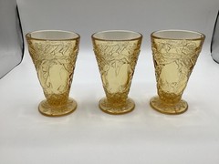 Tiara Indiana Glass ~ Set of Three Amber Sandwich 10 oz Footed Iced Tea Tumblers