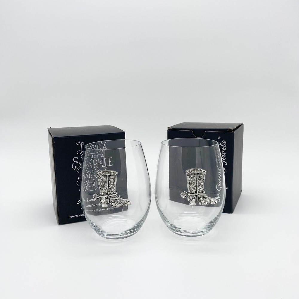 The Queens’ Jewels Cowboy Boot Jeweled Stemless Wine Glass -Set of 2-Rhinestone