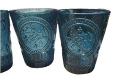 VTG Blue Teal Flash Embossed Drinking Glass Tumblers 4 1/4” Lot Of 4 READ