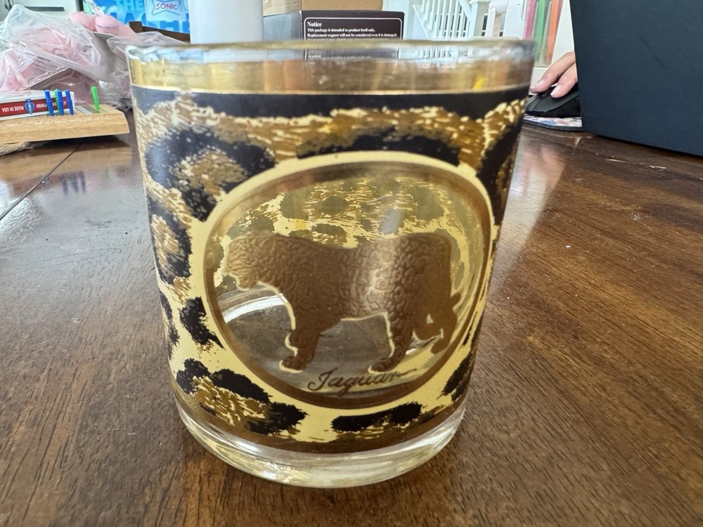 MCM Jaguar Print Textured Gold Cat Old Fashioned Rock Tumbler Glasses 3.5″