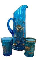 Antique Transparent Blue Original Poppy with Gold Accents – Pitcher & 6 Tumblers