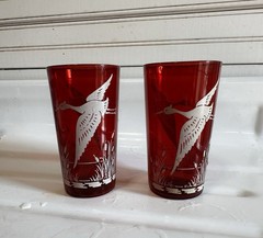 Vintage Royal Ruby Red Glass Tumblers With Birds & Catty Nine Tails Set Of 8