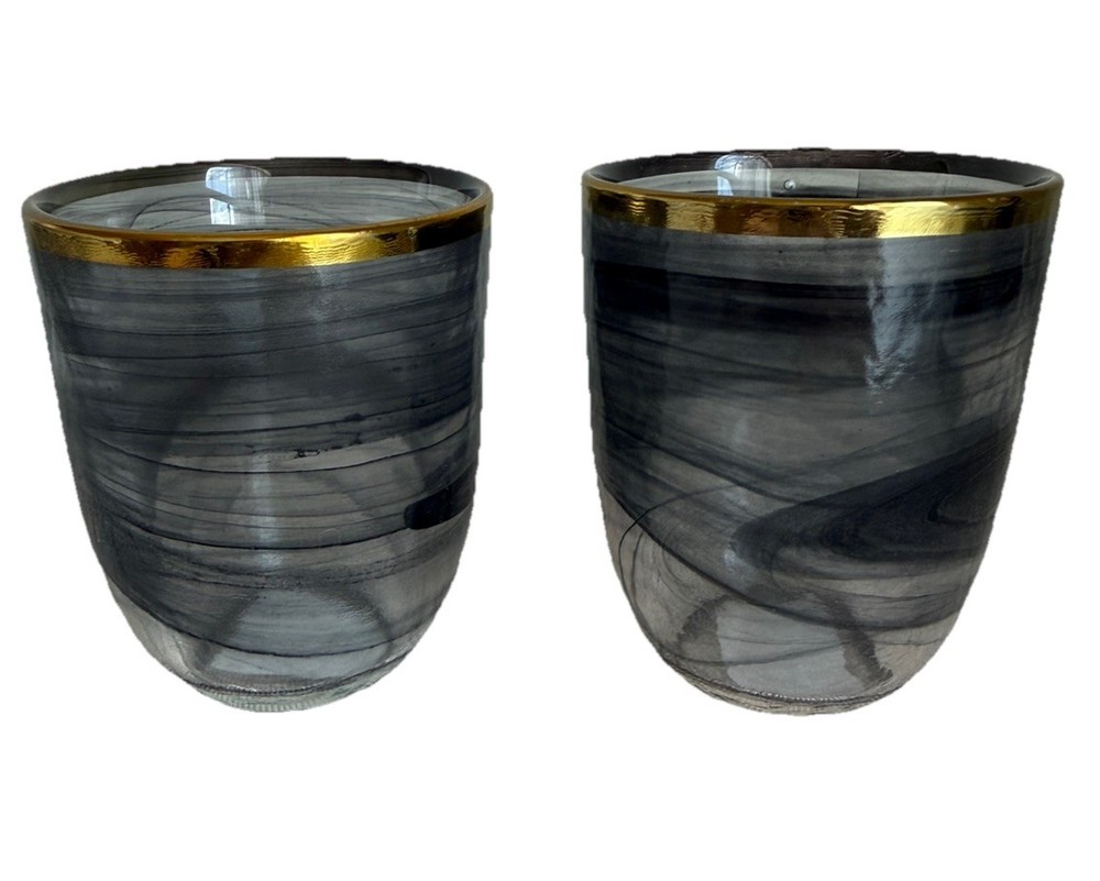 Godinger Alabaster Glass Double Old Fashioned Black/Gold Smoke Swirly Tumblers 2