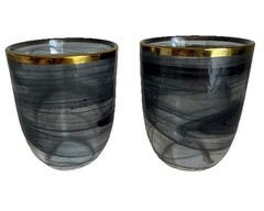 Godinger Alabaster Glass Double Old Fashioned Black/Gold Smoke Swirly Tumblers 2