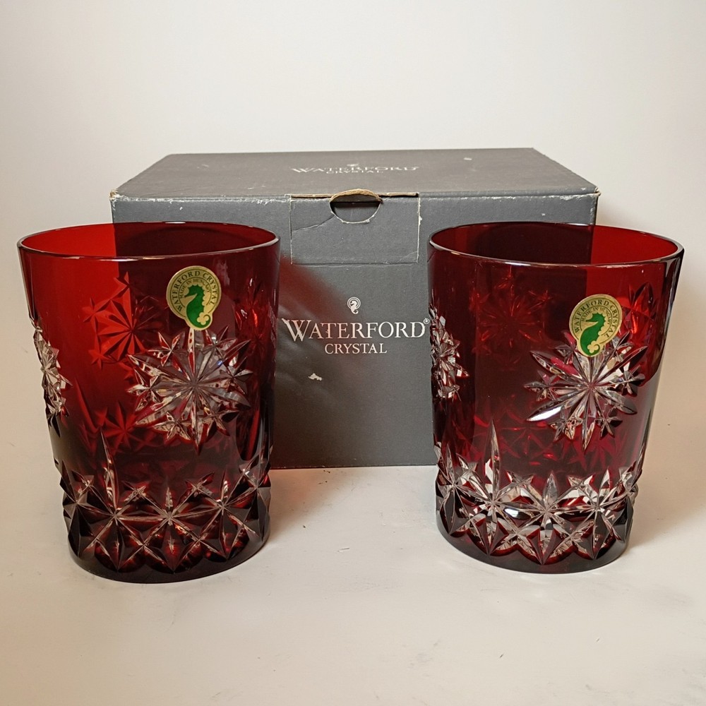 Set of 2 Waterford Snow Crystals Ruby Red Whiskey Double Old Fashioned Glasses
