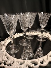4 Cambridge CHANTILLY Lacy Needle Etch Optic Water/Wine Glasses Goblets Set