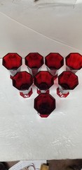 8 INDEPENDENCE GLASS CO RED OCTAGONAL WINE GLASS GOBLETS 6″