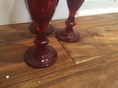 RARE htf red paneled flutes 8» set of 7 Duratuff? Hocking? red glass Xmass