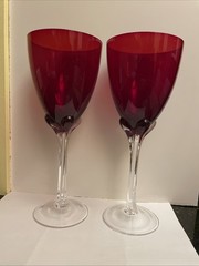 MURANO Tulip Based Wine Glasses Red Clear Ribbed Stem Goblets 9.5″ Set of 2