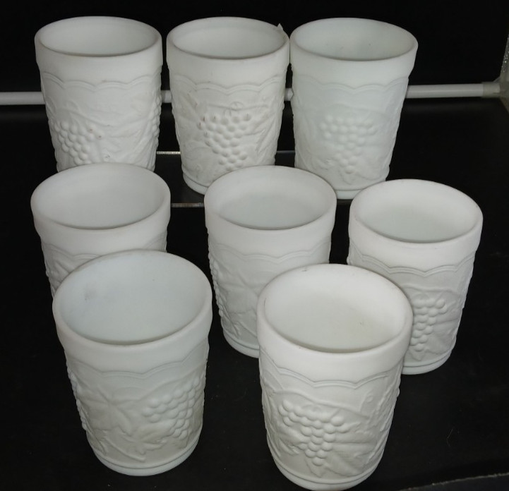 Imperial Glass, Vintage Grape Milk Glass Doeskin Tumblers, Set of 8, 4 1/8″ tall