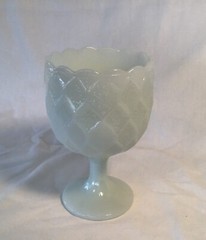 Vintage Diamond Design Milk Glass Textured Scalloped Rim Pedestal Goblet