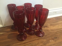 RARE htf red paneled flutes 8» set of 7 Duratuff? Hocking? red glass Xmass
