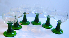 6 Wine Glasses Arc Roc Green Stems Clear Bowls White Grapes & Vines