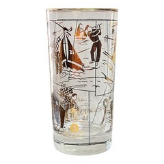 Vintage Libbey Glass Hostess Set 8 Gold Sports 12 oz Tumblers w/Box USA 1955