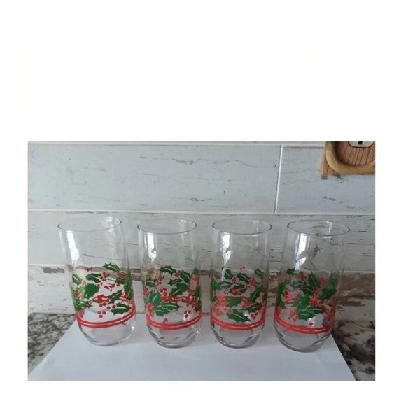 Libbey Holly Berry Christmas Glasses Tumblers Swirl Double Red Stripe Set of 4