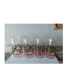 Libbey Holly Berry Christmas Glasses Tumblers Swirl Double Red Stripe Set of 4