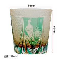 Whisky Glass Japan Style Cut Crystal Edo Kiriko Glass Tumbler Green Peacock 11oz