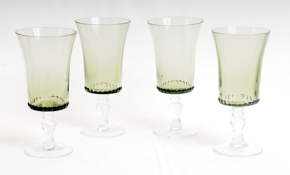 Set 4 VTG Green Glass Tapered Tall Goblets Beaded Flat Bases Clear Knobbed Stems