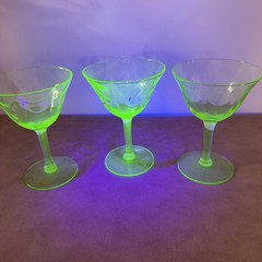 Vintage Faceted Uranium Glass Cocktail Stems Green Textured Set Of 3 Glows