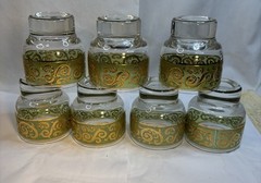 Vintage Culver 22K Green Gold Set 7 Toledo Footed Lowball Glasses READ