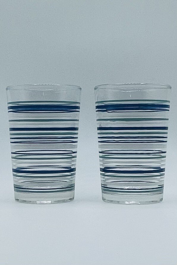 Vintage Kim Glass, Set Of 2 Juice Glasses, Blue, Green, White Stripes