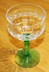 Unknown Maker ~ TALL SHERBET CHAMPAGNE – Green Stem/Foot, Optic Clear Gray Cut