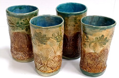 4 Pottery Tumblers Green & Brown Glaze Nature Craved Details With Maker’s Mark