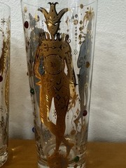 MCM Culver MARDI GRAS 5 Pc Iced Tea Glasses 22kt Jester Harlequin Barware 1960s