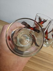 Vintage MCM Red Gold Ringneck Pheasant Tall Barware Glasses Set of 3