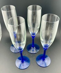 Vintage Set Of 4 Libbey Domaine Cobalt Blue Petal Stem Champagne Flutes 10″