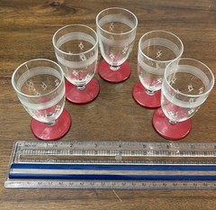 Vintage European cordial Glasses Ruby Red Enamel footed Etched Diamond Five