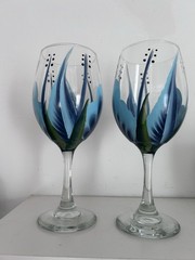 Set of 2 Hand Painted Signed Wine Glasses with Blue Flowers -8.75″ -Holds 14 oz