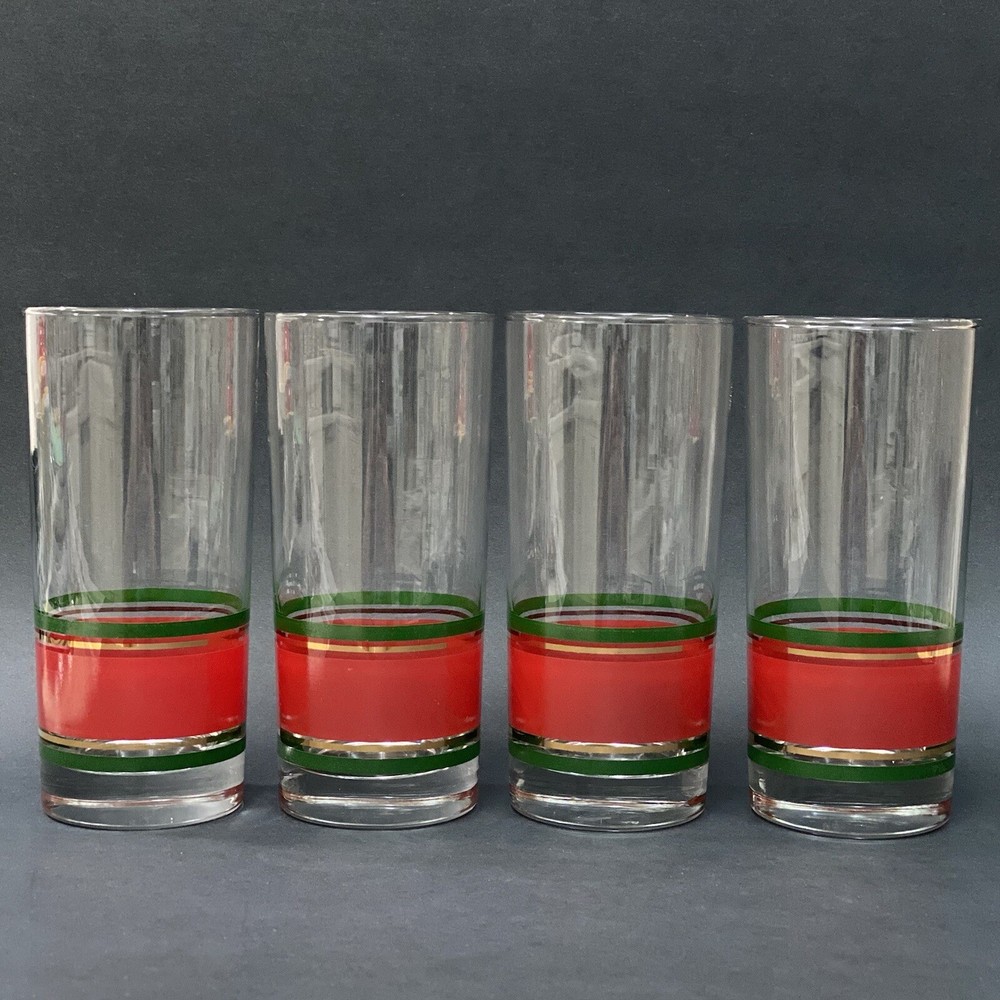 Set of 4 VTG Hand Blown Red Green Gold Christmas MCM Highball Tumblers 6.25″