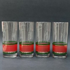 Set of 4 VTG Hand Blown Red Green Gold Christmas MCM Highball Tumblers 6.25″