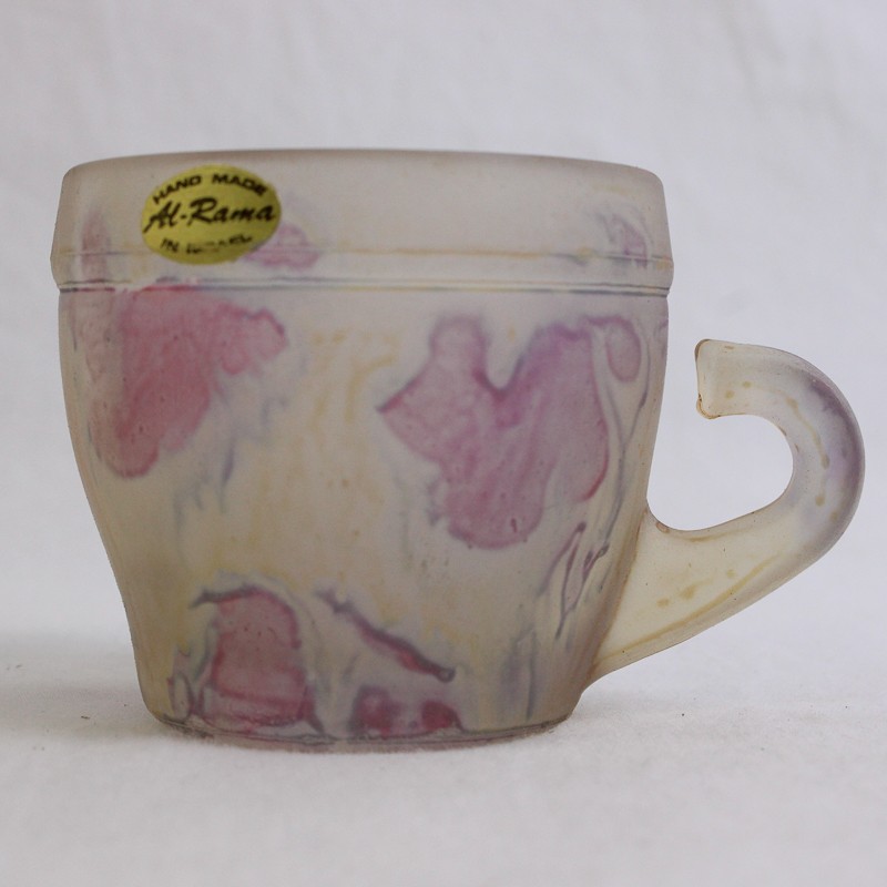 Handmade Al-Rama Floral Art Nouveau Clear/Pink Glass Cup, 2.2″ Tall, Israel