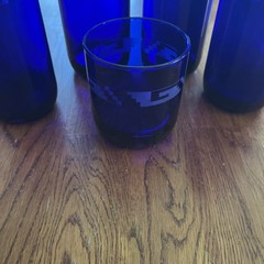 5 Vtg Cobalt Blue Libbey Metropolitan Etched Aztec Tumblers 6” Round Bottom